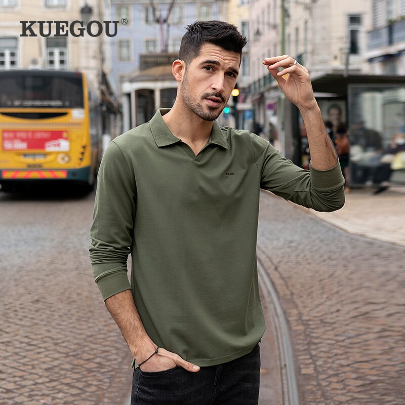KUEGOU 혼합 면화 가을 봄 의류 남성 폴로 셔츠 긴 소매 단색 Polos 스마트 Caeual 사파이어 탑 플러스 크기 88094